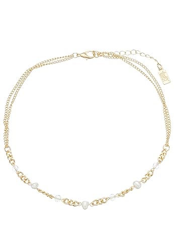 Leslii Damen-Kette Kurze Halskette Glassteine weiße Perlen Collier-Kette Gliederkette in Gold Weiß von Leslii