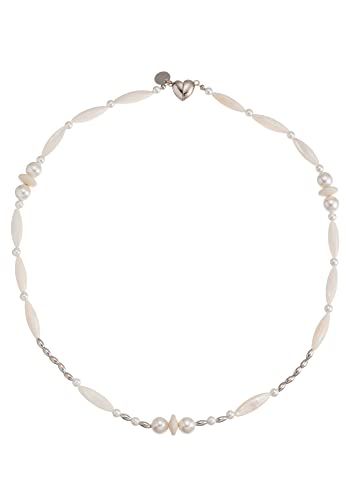 Leslii Damen-Kette kurze Halskette Premium Collier-Kette weiße Perlen-Kette Herz-Schließe Weiß Silber von Leslii