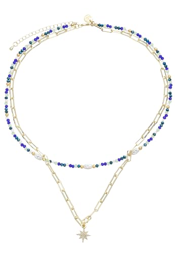 Leslii Damen-Kette Kurze Layering-Kette oder Armband Damen-Armband Kristallsteine Blau Petrol Gold (Kette) von Leslii