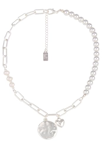 Leslii Damen-Kette kurze Halskette Halb & Halb Scheibenanhänger Gliederketter weiße Perlen-Kette Silber von Leslii