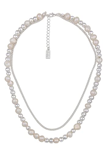 Leslii Damen-Kette kurze Halskette Layering-Kette Gliederkette weiße Süßwasser-Perlen in Silber Weiß von Leslii