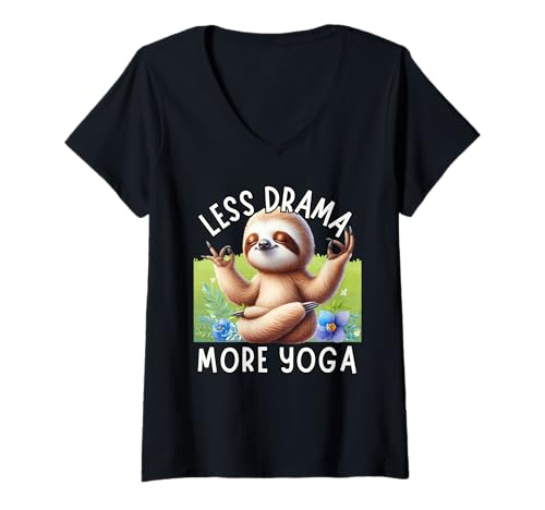 Damen Fun Less Drama More Yoga Faultier - Wellness T-Shirt mit V-Ausschnitt von Less Drama More Yoga Sloth - Wellness
