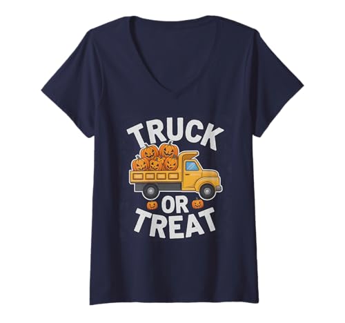 Damen Kawaii Halloween Truck OR Treat Horror Pumpkin Haunted für Jungen T-Shirt mit V-Ausschnitt von Less People More Vampire Monster Black Cat Gag