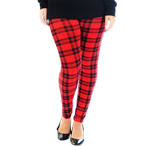LessThanTenQuid Damen Leggings mit rotem Schottenkaro-Muster, dehnbar, Größe 36-46, Größe S/M für Größe 36-38, rotes Schottenkaro, Rotes Tartan-Muster, 34-36 von LessThanTenQuid