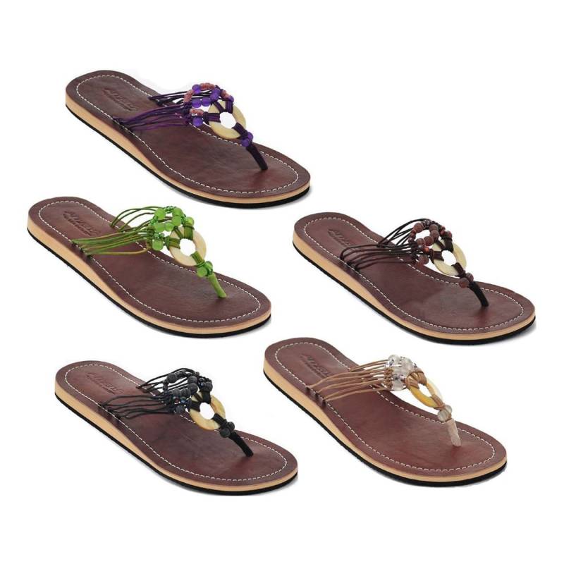 Lestarie Damen Leder Flip Flops, Zehentrenner Sandalen Mit Perlen, Zehensteg Sandale Echtleder, Flipflops Zehensandale Perlmutt von LestarieHandicraft
