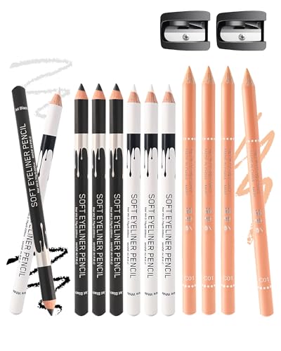 12 Stück Matte Eyeliner Set, Schwarz Weiß Nude Seidiger Weicher Kajalstift mit Anspitzer, Wasserfest Langanhaltend, Multi-use Eye Liner Pen, Vegan, Hochpigmentiert Eyeliner Make-up-Stift für Frauen-D von Lestpola