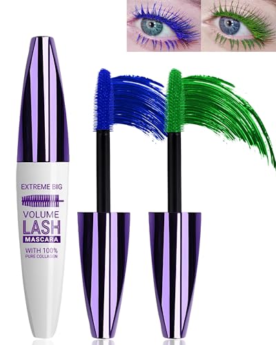 2PCS Blue Green 5D Telescopic Mascara for Eyelashes, Waterproof Smudge-proof Long Lasting Colored Mascara, Voluminous Curling Non-clump Mascara, False Lash Effect Extension Makeup, Cosplay Party Use von Lestpola