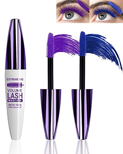 2PCS Blue Purple 5D Telescopic Mascara for Eyelashes, Waterproof Smudge-proof Long Wear Color Mascara, Voluminous Curling Non-clump Wimperntusche, False Lash Effect Extension Makeup, Cosplay Party Use von Lestpola