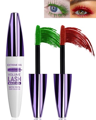 2PCS Green Red 5D Telescopic Mascara for Eyelashes, Waterproof Smudge-proof Long Lasting Colored Mascara, Voluminous Curling Non-clump Mascara, False Lash Effect Extension Makeup, Cosplay Party Use von Lestpola