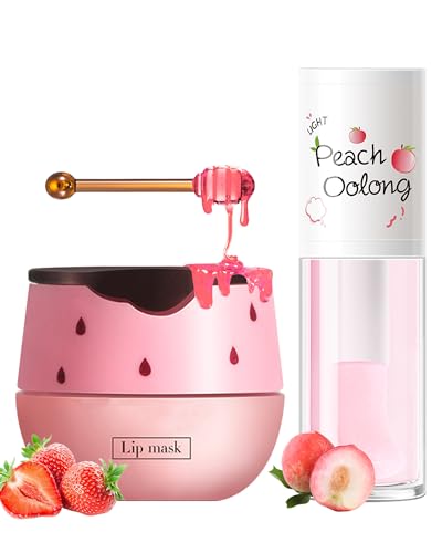 2Pcs Strawberry Lip Balm Honey Pot Lip Mask & Hydrating Lip Glowy Oil Lip Care Set, Lippen Moisturizing Treatment Nourishing Lipgloss, Scrub Exfoliator, Reduce Lip Line & Plump Dry Cracked Lip-Set B von Lestpola