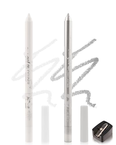 2Pcs Gel Eyeliner Wasserfest, Weißer Silber Smooth Creme Eyeliner mit Anspitzer, Langlebig Wischfest, Hochpigmentierte Matte Glitzer Eye Brightener Pencil, Leichte Anwendung, Make-up für Frauen-02+05 von Lestpola