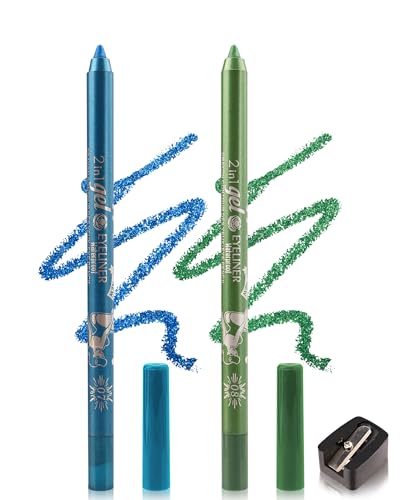 2Pcs Glitzer Gel Eyeliner, Blau Grün Metallic Shimmer Kajalstift mit Anspitzer, Wasserfest Langlebig Wischfest, Leicht Anwendbar, Hochpigmentierte Eyeliner Lidschatten Pencil für Cosplay Party-07+08 von Lestpola