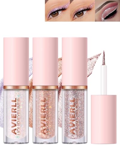 3Pcs Liquid Glitzer Eyeliner Set, Gold Champagner Lila Metallic Shimmer Flüssig Lidschatten Stift, Wasserfest Langanhaltend Eyeshadow Make-up, Eye Brightener Pen für Frauen zum karneval-01+02+03 von Lestpola