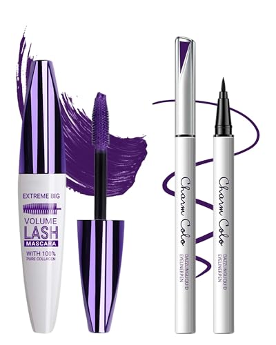 5D Bunt Wimperntusche Voluminös und Charmant & Flüssiger Eyeliner Pen, Curling Mascara Quick-dry Lidstrich Stift, Langlebig Wasserfester Wischfester Augen Make-up, Geschenk Set für Frauen-Lila von Lestpola