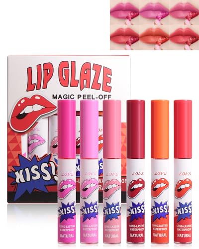Peel Off Lip Stain Set, 6 Farben Lip Tint Lipgloss Matte Tattoo, Wasserdicht & Langlebig, Non-Stick Cup Lippenstift, Hochpigmentierte Abziehbarer Tattoo Lippen Makeup Set, Geschenke für Frauen Mädchen von Lestpola