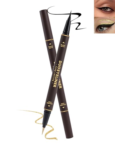 Glitzer Flüssiger Eyeliner Gold und Schwarz,Metallic Lidstrich Stift,2 in 1 Matt Glitter Liquid Eye Liner Pen Lidschatten Schmink, Wasserfest Eyeliner Wischfest Augen Make-up Geschenke für Frauen-02 von Lestpola