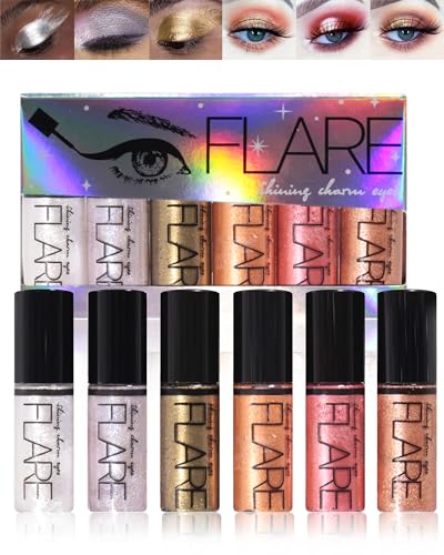 Flüssiger Eyeliner Glitzer 6 Colors, Silber Gold Liquid Eyeshadow Makeup Set, Shimmer Smokey Waterproof Quick Drying Lidschatten, Metallic Glitter Augen Make-up Kit,Schminke Geschenke für Frauen-SetB von Lestpola