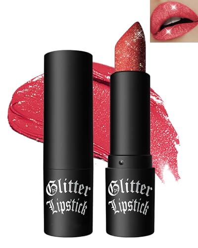 Glitzer-Lippenstift,Diamond Metallic Funkelnder Matt Lippenstift, Wasserdichter Lang anhaltender Lipgloss, Matte Lipstick Lip Gloss für Frauen Lippe Make-up, Geschenk zum Christmas-Tag-03 Red Coral von Lestpola