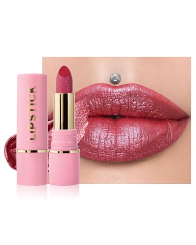 Diamond Shimmer Lippenstift, Rose Glitzer Hydrating Lipstick, Smooth Creamy Texture, Langanhaltend Wasserfest, Non-Stick Cup, Hochpigmentierte Metallic Lip Balm Lippen Makeup, Geschenke für Frauen-05 von Lestpola