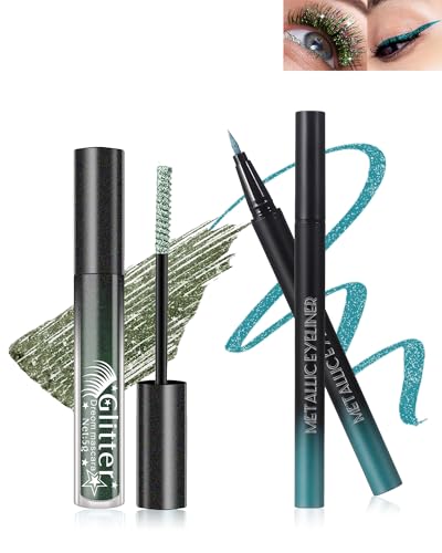 Grün Glitzer Mascara & Eyeliner Set, Diamond Shimmer Wimperntusche Länge and Volume, Liquid Ultrafeiner Metallic Glitter Eyeliner, Wasserfest Langlebig, Hochpigmentiert Augen-Makeup für Cosplay Party von Lestpola