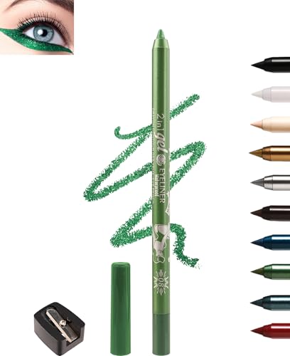 Grüner Gel Eyeliner, Cremig Wasserfest Kajalstift, Langanhaltend, Wischfest Eyeliner mit Anspitzer, Hochpigmentierter Mkroglitter Lidschattenstift für Empfindliche Augen, Geschenke für Frauen-08 von Lestpola