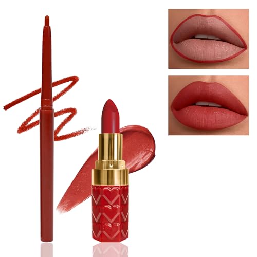 Rot Lipliner and Lipstick Set-2Pcs Samt Matt Wasserfest Lippenstift, Langanhaltend 24 Stunden Halt Not-Stick Cup Lipgloss, Hoch Pigmentiert Lippen Make-up Set für Frauen zum Frauentag - R01 von Lestpola
