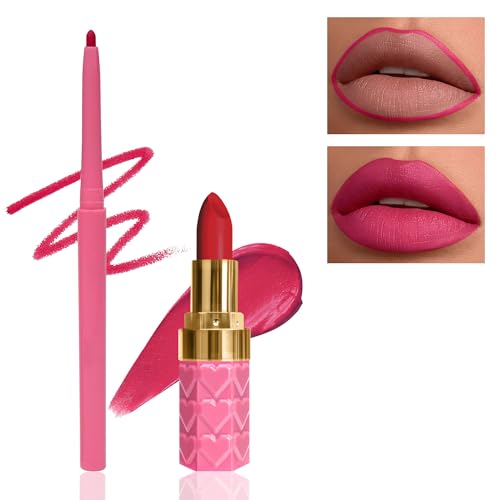 Rose Lipliner and Lipstick Set-2Pcs Samt Matt Wasserfest Lippenstift, Langanhaltend 24 Stunden Halt Not-Stick Cup Lipgloss, Hoch Pigmentiert Lippen Make-up Set für Frauen zum Frauentag - P05 von Lestpola