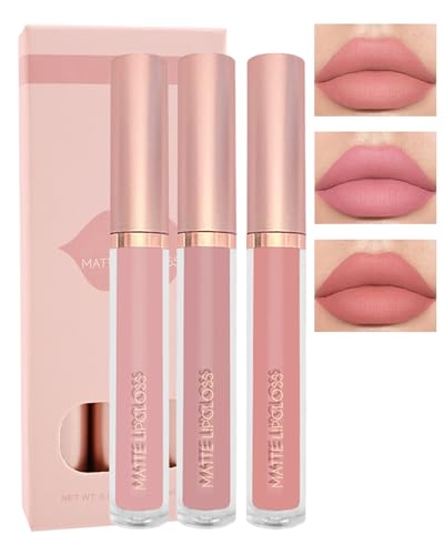 Matte Liquid Lipstick Set-3Pcs Nude Pink Ruby Red Velvet High Pigmented Lip Tint Stain, Long Lasting Waterproof Non-stick Lip Gloss 24 Hour Stay Lipsticks, Christmas Makeup Gift for Women Girl-SetA von Lestpola