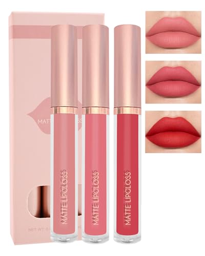 Matte Liquid Lipstick Set-3Pcs Nude Pink Ruby Red Velvet High Pigmented Lip Tint Stain, Long Lasting Waterproof Non-stick Lip Gloss 24 Hour Stay Lipsticks, Christmas Makeup Gift for Women Girl-SetB von Lestpola