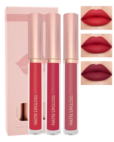 Matte Liquid Lipstick Set-3Pcs Nude Pink Ruby Red Velvet High Pigmented Lip Tint Stain, Long Lasting Waterproof Non-stick Lip Gloss 24 Hour Stay Lipsticks, Christmas Makeup Gift for Women Girl-SetC von Lestpola