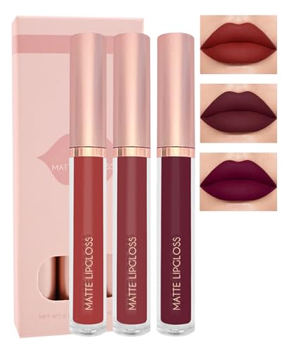 Matte Liquid Lipstick Set-3Pcs Nude Pink Ruby Red Velvet High Pigmented Lip Tint Stain, Long Lasting Waterproof Non-stick Lip Gloss 24 Hour Stay Lipsticks, Christmas Makeup Gift for Women Girl-SetD von Lestpola