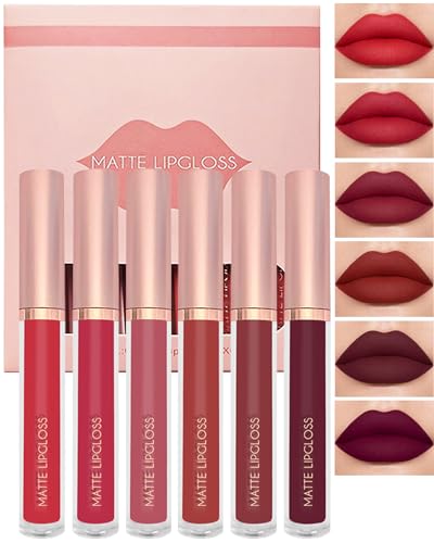 Matte Liquid Lipstick Set-6Pcs Dark Ruby Red Berry Plum Velvet High Pigmented Lip Tint Stain, Long Lasting Waterproof Non-stick Lip Gloss 24 Hour Stay Lipsticks, Christmas Makeup Gift for Women-SetB von Lestpola