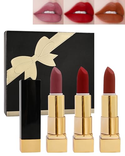 Matt Samt Lippenstift Makeup Set-3Pcs Nude Rose Red Lipgloss, Langanhaltend Wasserdichter Non-Stick Cup Lipstick, Reibungslose Anwendung, High Pigmented Makeup Christmas Valentine Geschenk für Frauen von Lestpola