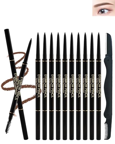 Professional Makeup Augenbrauenstift-12Pcs Micro Brow Pencil, Beidseitig mit ausdrehbarem Augenbrauenstift und Bürstchen,Microblading Augenbrauenstift Wasserfest,Waterproof Eyebrow Pencil-02#Hellbraun von Lestpola