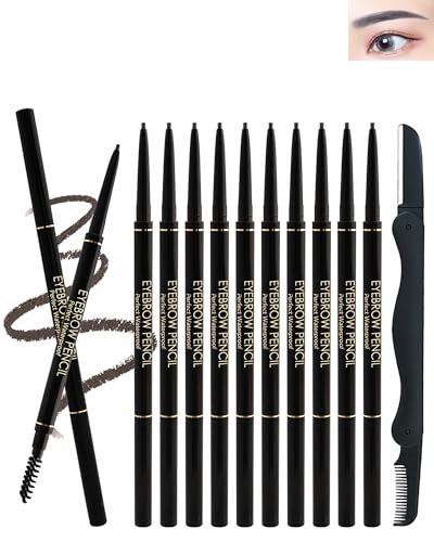 Professional Makeup Augenbrauenstift-12Pcs Micro Brow Pencil, Beidseitig mit ausdrehbarem Augenbrauenstift und Bürstchen,Microblading Augenbrauenstift Wasserfest,Waterproof Eyebrow Pencil-04#Grau von Lestpola