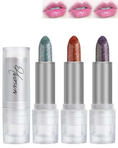 3Pcs Glitzer Color Changing Lipstick Set, Hydrating Sparkle PH Farbwechsel Lippenstift, Temperature Change Lipgloss Plumping Lippenbalsam, Langlebig Wasserfest Magic Lip Gloss Set für Women's von Lestpola