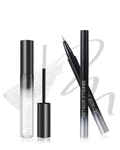 Weiße Glitzer Mascara & Silber Eyeliner Set, Diamond Shimmer Wimperntusche Länge and Volume, Liquid Ultrafeiner Metallic Glitter Eyeliner, Wasserfest & Langlebig Shiny Augen-Makeup für Cosplay Party von Lestpola