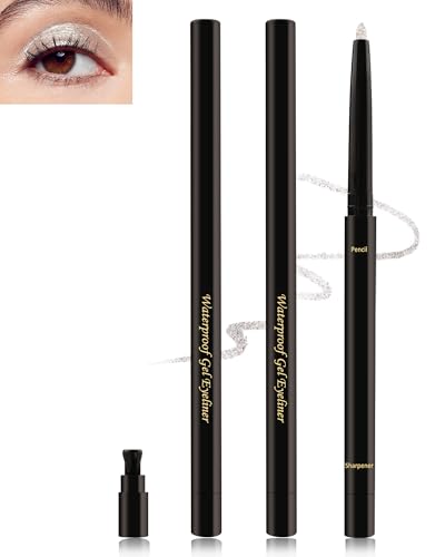 Silber Glitzer Gel Eyeliner, Metallic Shimmer Kajalstift Wasserfest, Langlebig Wischfest Eyelinerstift mit Anspitzer, Smooth Creme Textur, High Pigment Make-up für Cosplay Party, Gift for Women(2Pcs) von Lestpola