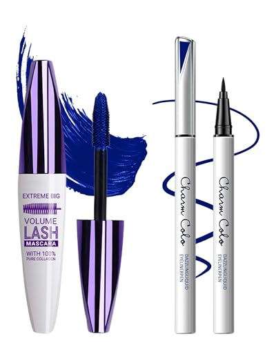 Blau 5D Bunt Wimperntusche & Flüssiger Eyeliner, Volume & Curl Mascara, Glatter Schnelltrocknender Eyeliner, Langanhaltend & Wasserfest, Hochpigmentierte Augen-Makeup Set, Geschenk für Frauentag von Lestpola