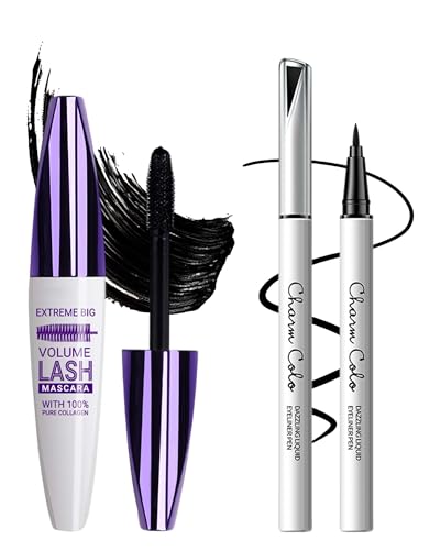 Schwarz 5D Bunt Wimperntusche & Flüssiger Eyeliner, Volume & Curl Mascara, Glatter Schnelltrocknender Eyeliner, Langanhaltend & Wasserfest, Hochpigmentierte Augen-Makeup Set, Geschenk für Frauentag von Lestpola