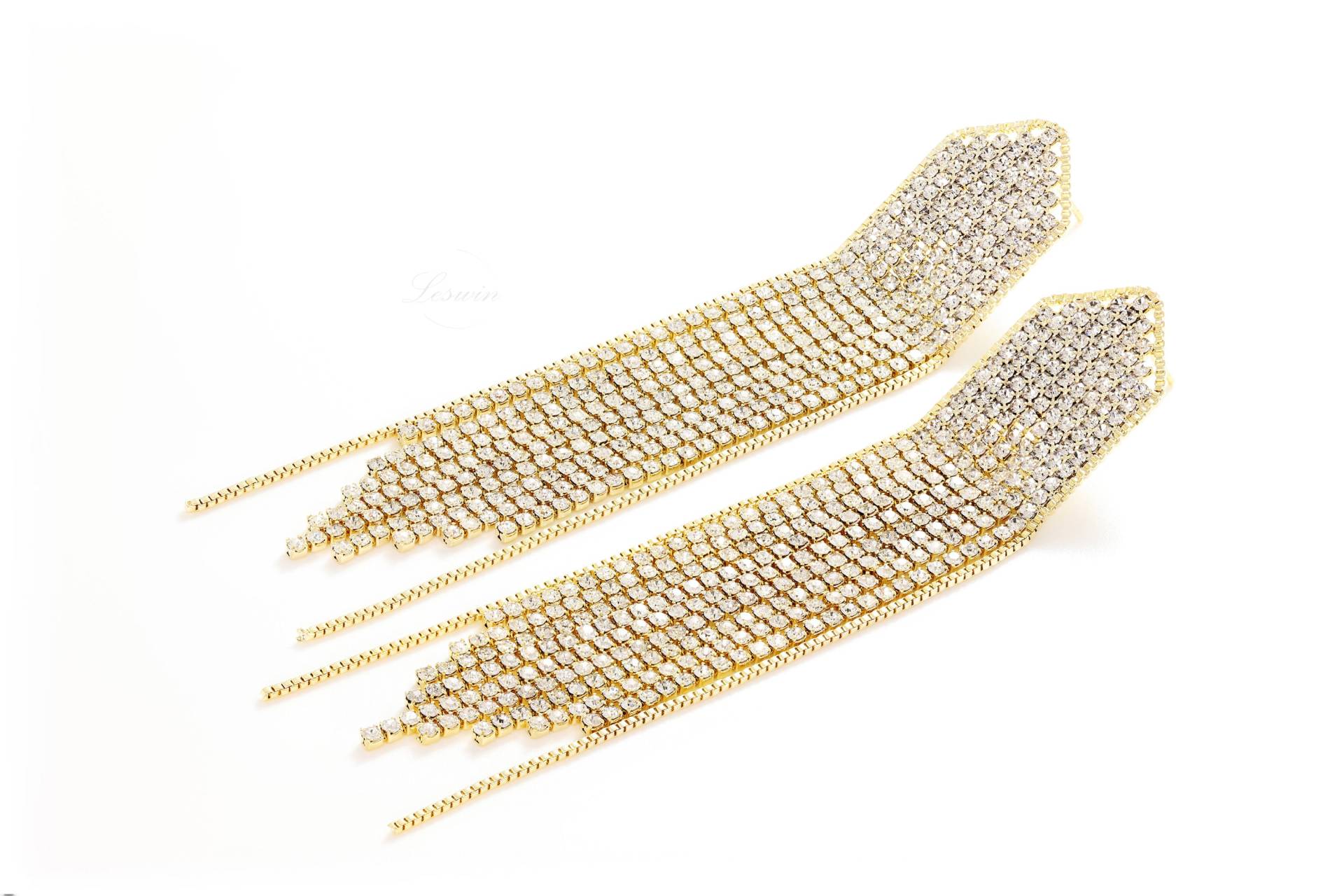 Braut Kristall Ohrringe, Sterling Silber Diamant Strass Lange Tropfen Quaste, Gold Kronleuchter Fringe Hochzeit Baumeln, Brautjungfer Geschenk von LeswinGemstone