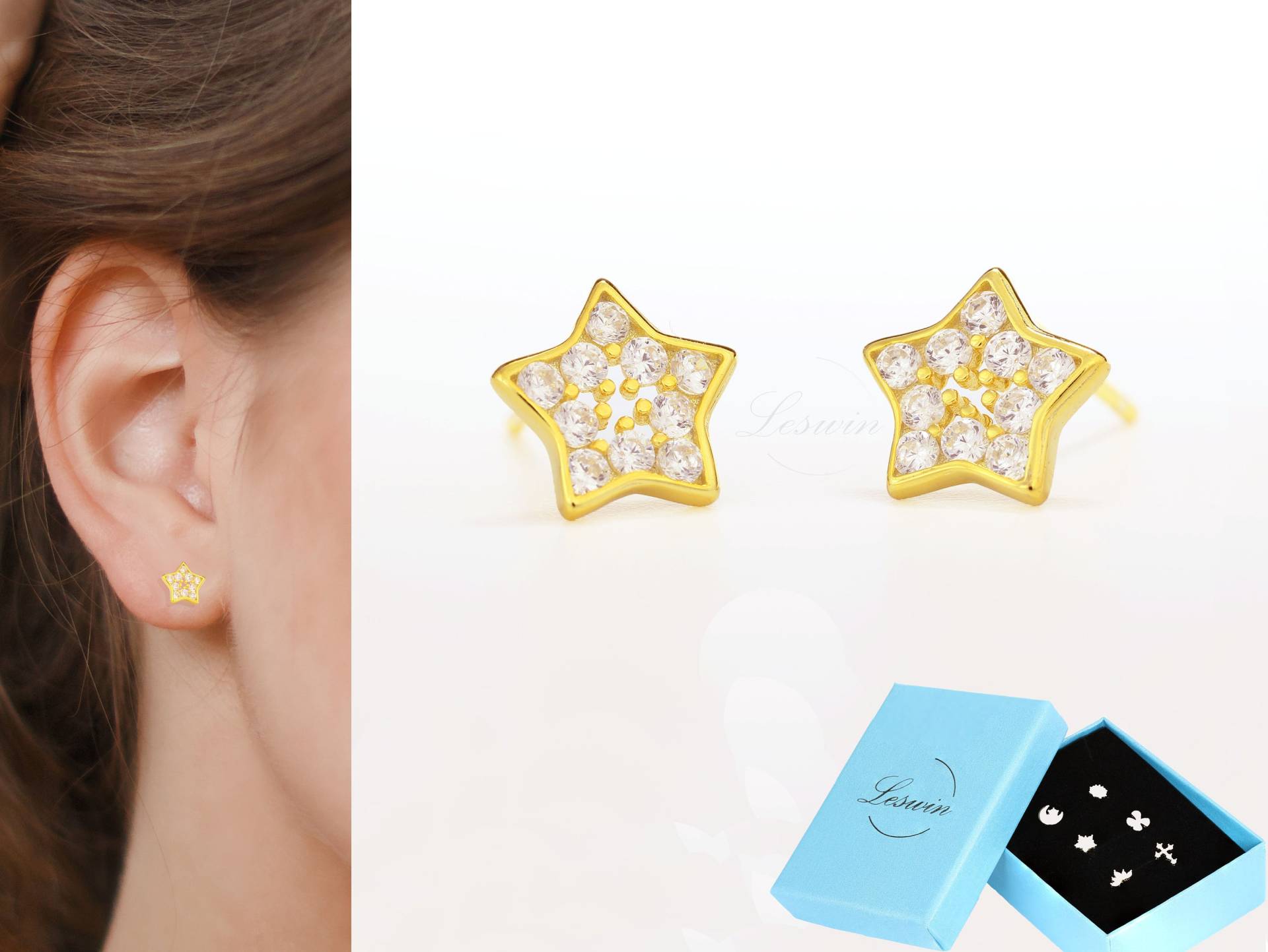 Cz 14K Gold Finish Stern Ohrringe, Zierliche Starburst Ohrstecker, Zarte Diamant Kristall Pave Stern, Minimalistisch, Celestial, Kinder von LeswinGemstone