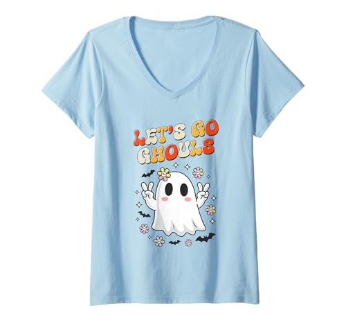 Damen Let's Ghouls Shirt, süßes Gespenst, Friedenszeichen, Halloween T-Shirt mit V-Ausschnitt Damen Let's Ghouls Shirt, süßes Gespenst, Friedenszeichen, Halloween T-Shirt mit V-Ausschnitt von Let's Ghouls Tee Shirts Tee Shirts Tee Shirts