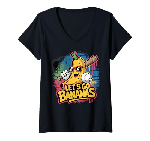 Damen Funny Banana Let's Go Bananas Baseball T-Shirt mit V-Ausschnitt von Let's Go Bananas Baseball Lovers