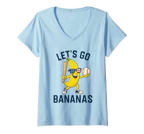 Damen Let's Go Bananas Funny Banana Softball Sports USA Flag T-Shirt mit V-Ausschnitt von Let's Go Bananas Funny Soft Ball USA Merch