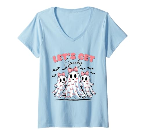Damen Let's Spooky Shirt Süße Geister mit Schleifen Halloween T-Shirt mit V-Ausschnitt Damen Let's Spooky Shirt Süße Geister mit Schleifen Halloween T-Shirt mit V-Ausschnitt von Let's Spooky Tee Shirts for Halloween girls