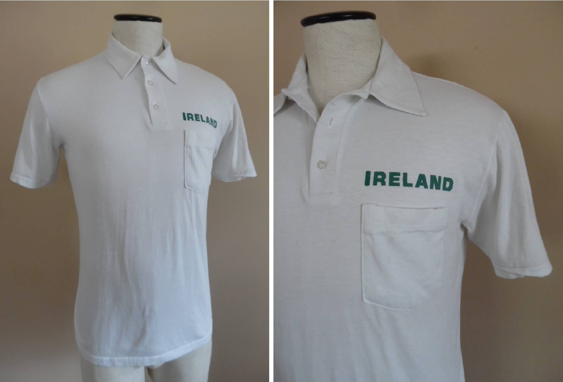 Vintage 1970Er Jahre Stricken Golf Shirt; Weißer Kurzarm Mit Smaragdgrün "Irland" Gedruckt Auf Brust; Johnny Placket T-Shirt Von Stedman Usa von LetasVintage