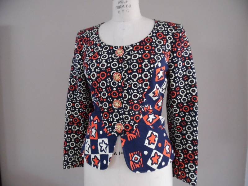 Vintage 1980Er Jahre Rote Creme Und Marine Abstrakte Floral Print Stoff Blockiert Faille Jacke Von Christian Lacroix Paris Frankreich von LetasVintage