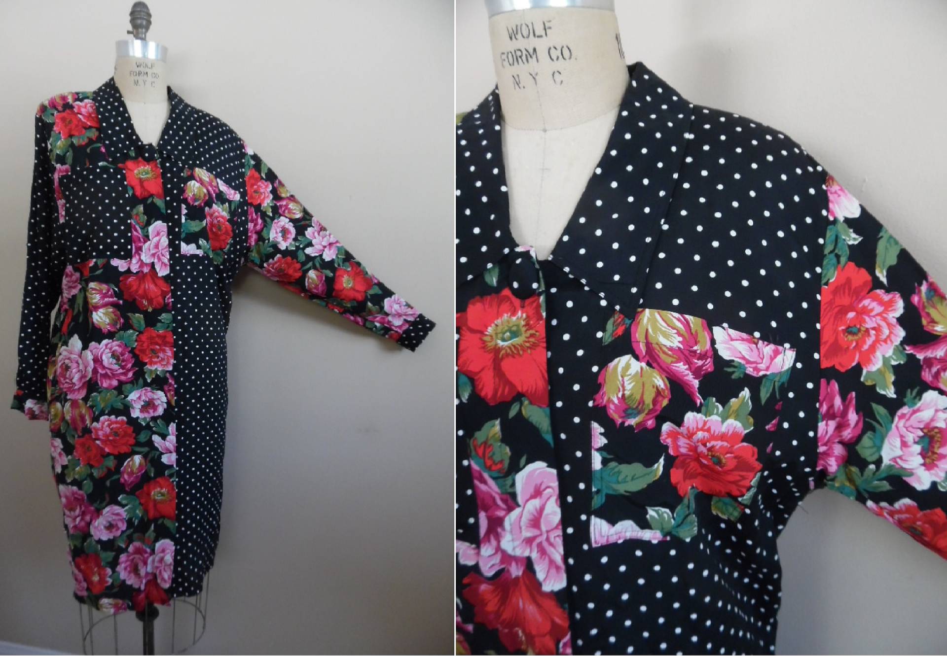 Vintage 1980Er Jahre Schlanke Shirt Kleid Von Tess Stoff Blockiert Weiße Punkte Auf Einem Schwarzen Rayon Faille Boden Mit Fett Multifarbigen von LetasVintage