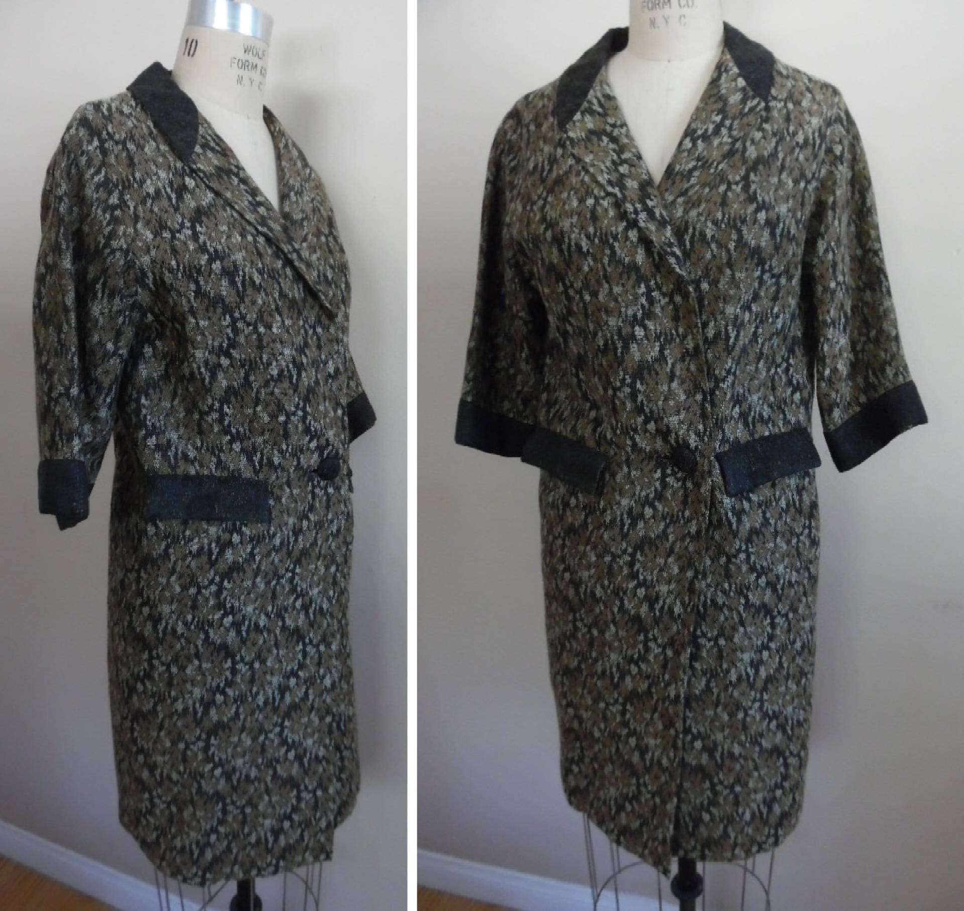 Vintage 1990Er Jahre Lange Braun Und Beige Camouflage Muster Wolle Jacke W Ein Knopf Doppel Brust Styling Hand Maßgeschneiderte Schal Kragen von LetasVintage